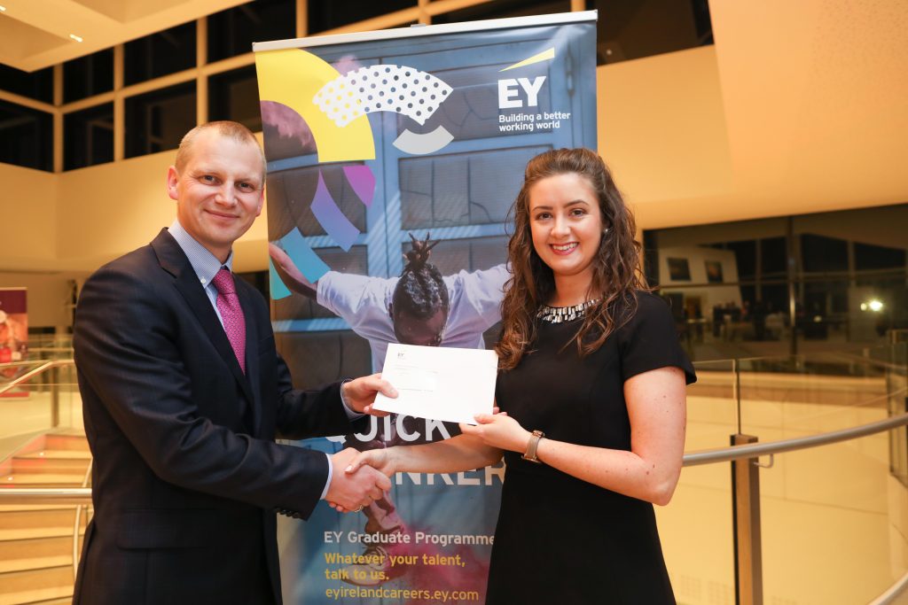 Claire Doyle receiving the prize for 1st Place in Irish Tax Institute Associateship Examination, Part 2, April 2018 from Ian Collins, Partner, EY.