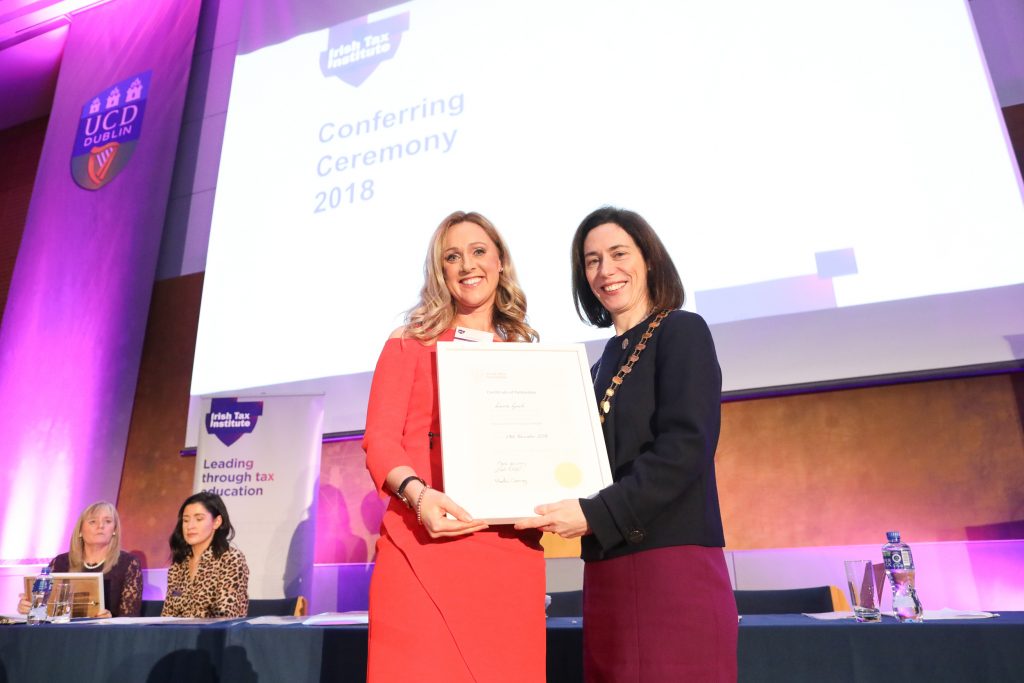 In recognition of her outstanding contribution to the Irish Tax Institute, Laura Lynch, Laura Lynch & Associates, was awarded a Fellowship by Institute President Marie Bradley.